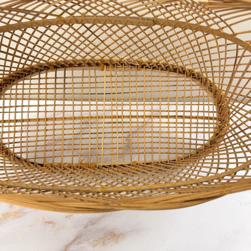 Vintage Japanese Bamboo Basket Open Weave Handle Wabi Sabi Boho Rustic Decor